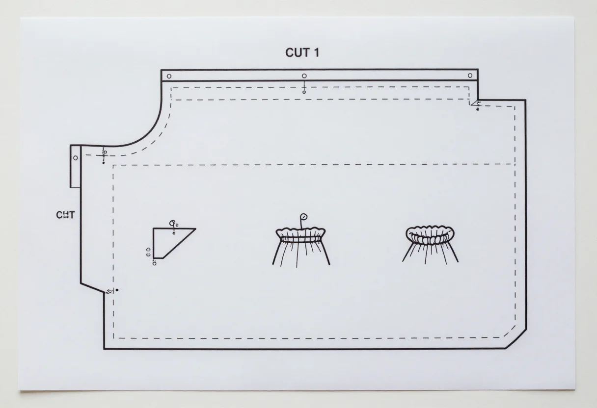 Scrunchie patterns — a scrunchie pattern sheet with one long rectangle labelled "CUT 1" and its measurements along the edges, a dashed seam allowance, and three small diagrams of folding the strip, threading the elastic and closing the ring, a clean printable pattern in crisp black lines of one even weight, solid cutting lines and dashed seam lines, with small block-capital labels and measurements