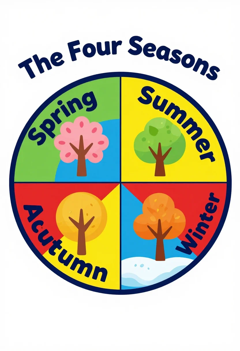 Seasons posters — a round wheel titled "The Four Seasons" in four quarters lettered "Spring", "Summer", "Autumn" and "Winter", each quarter showing one tree in blossom, full leaf, falling leaves and snow, a cheerful flat vector school poster, bold clean shapes, thick rounded sans-serif lettering, a crisp even layout and smooth gradient-free fills