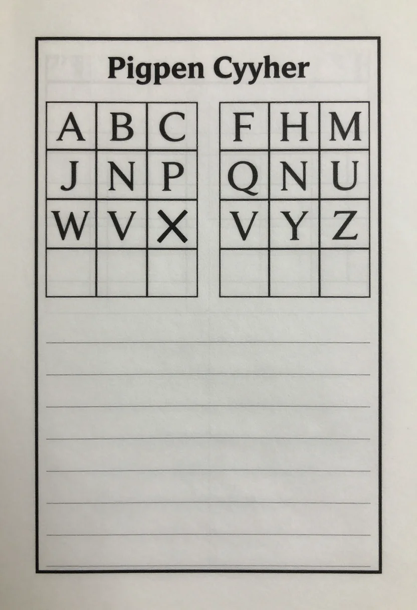 Secret code sheets — a sheet titled "Pigpen Cipher" with the two tic-tac-toe grids and two X shapes holding the letters A to Z, and a row of empty boxes below for a message, a classified spy dossier look with typewriter-style capitals, thin rules and a faint grid