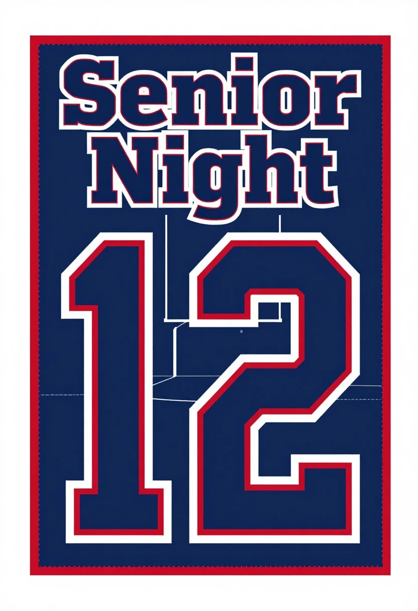Senior night posters — a vertical poster with a large jersey number "12", a football and goalposts behind it, "Senior Night" lettered at the top, and an empty rectangular photo panel in the middle, varsity athletic poster, heavy block letters with a thick outline and drop shadow, stitched-patch borders