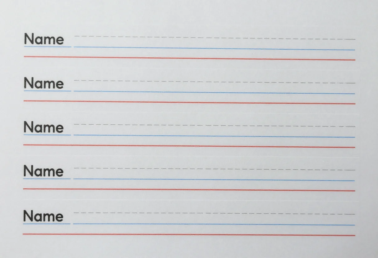Sentence strips — four long horizontal strips stacked down the page with dashed cut lines between them, each with a solid top line, a dashed blue middle line and a red baseline, left blank for writing, a small "Name" label at the left end of each, drawn as classic handwriting strips with a solid top line, a dashed middle line and a baseline, in plain primary-school print