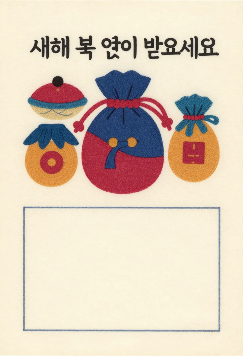 Seollal cards — a card with an embroidered bokjumeoni lucky pouch tied with a knotted cord, "새해 복 많이 받으세요" written above it and a blank panel below, Korean minhwa folk painting with flat mineral colors, fine ink outlines and soft aged paper