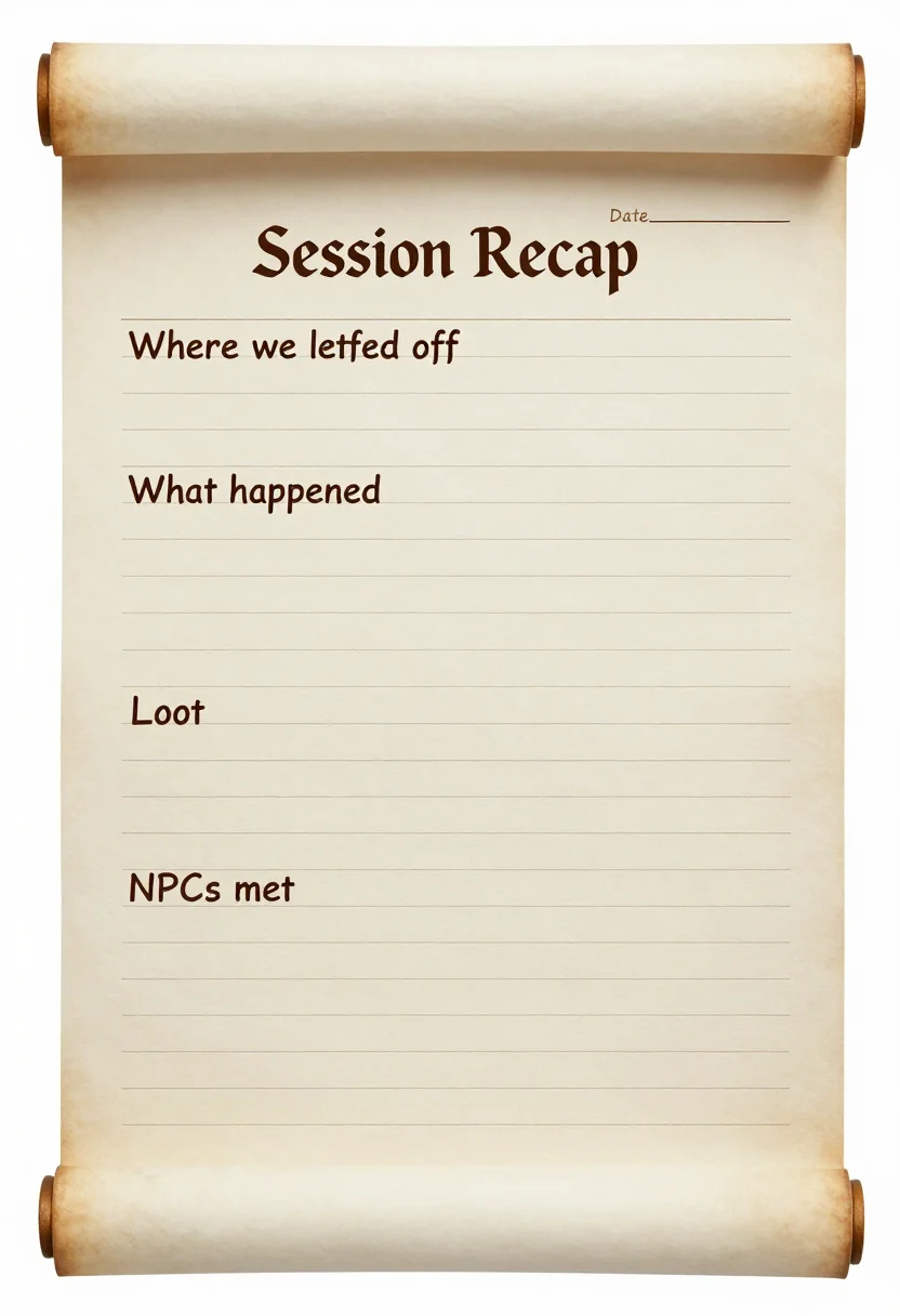 Session recap sheets — a sheet titled "Session Recap" with ruled sections "Where we left off", "What happened", "Loot" and "NPCs met", and a date line at the top, a rolled scroll sheet with inked headings and thin ruled sections