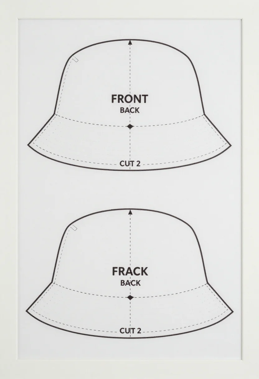 Simple sewing patterns — a bucket hat broken into its flat pieces, the round crown, the straight side band and the two curved brim arcs laid side by side, the tissue pattern straight off the printer, a thin uniform black cutting line with a dashed seam allowance set inside it, straight grain arrows and small triangular notches
