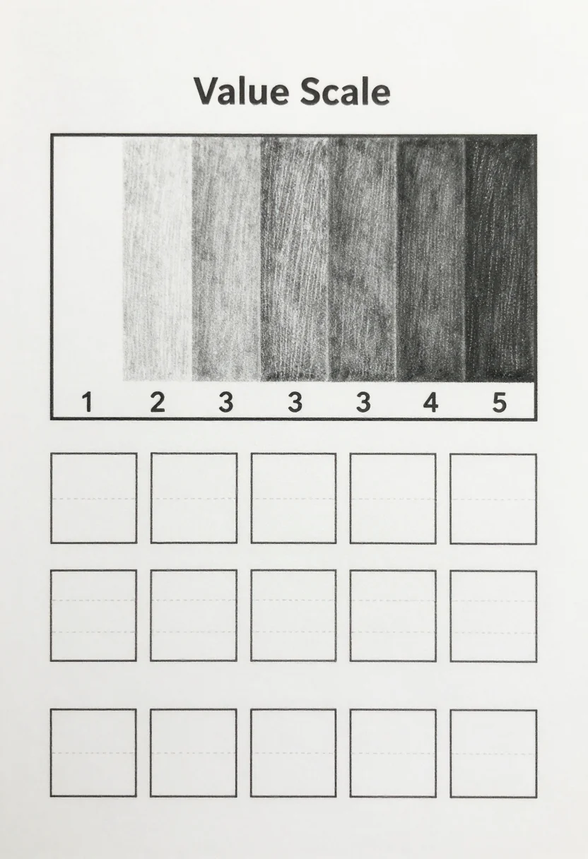 Shading practice sheets — a practice sheet titled "Value Scale" with a row of nine boxes going from white to black, numbered "1" to "9", and an empty row of nine boxes below to copy it, soft graphite pencil tones, smooth gray gradients and fine hatching, the boxes drawn with a ruler