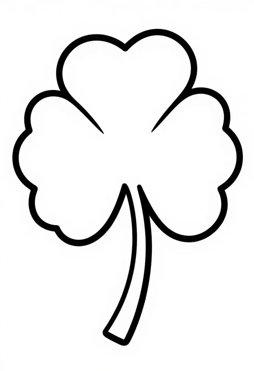 Shamrock templates — one large three-leaf shamrock outline filling the page, a short curved stem, a thick clean cut line all round, single uniform thick black outline, smooth rounded leaf shapes, nothing inside the shapes