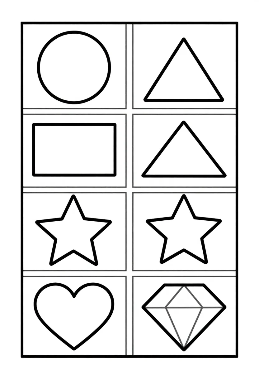 Shape coloring pages — a grid of eight shapes in panels, each named below: "circle", "square", "triangle", "rectangle", "oval", "star", "heart", "diamond", thick black outline, big plain shapes, made for toddlers