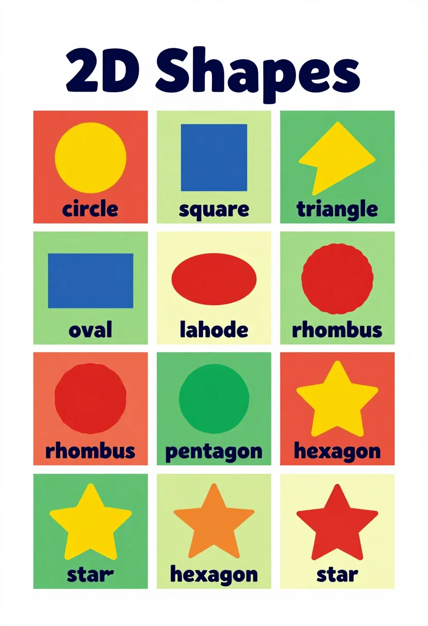 Shape posters — a chart titled "2D Shapes" with nine boxes, each a bold coloured shape with its name under it: "circle", "square", "triangle", "rectangle", "oval", "rhombus", "pentagon", "hexagon" and "star", a cheerful flat vector school poster, bold clean shapes, thick rounded sans-serif lettering, a crisp even layout and smooth gradient-free fills