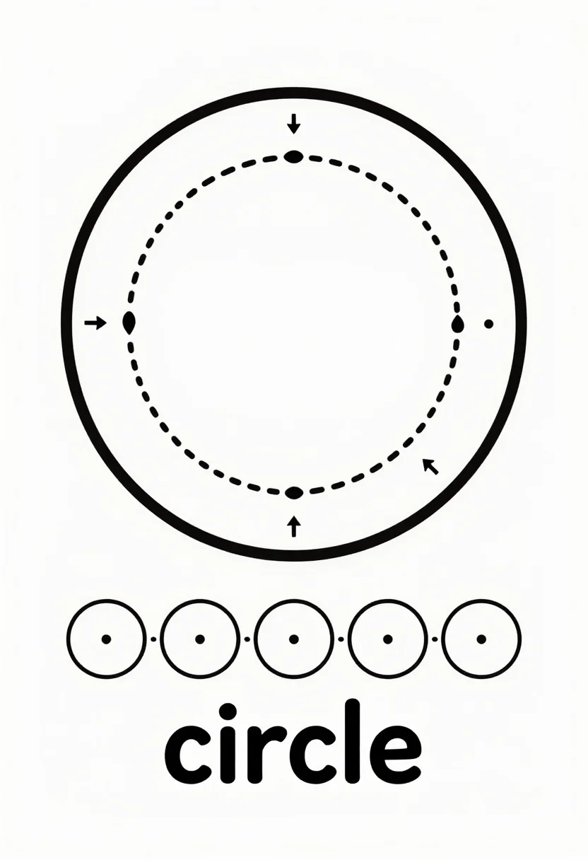 Shape tracing — a shape tracing page for the circle, one large dotted circle with a start arrow, a row of smaller dotted circles to trace, and the word "circle" in dotted letters at the foot, crisp black printer-ink worksheet, evenly spaced round dotted shape outlines with small start arrows, bold clean outlined drawings, uniform line weight, no gray tones