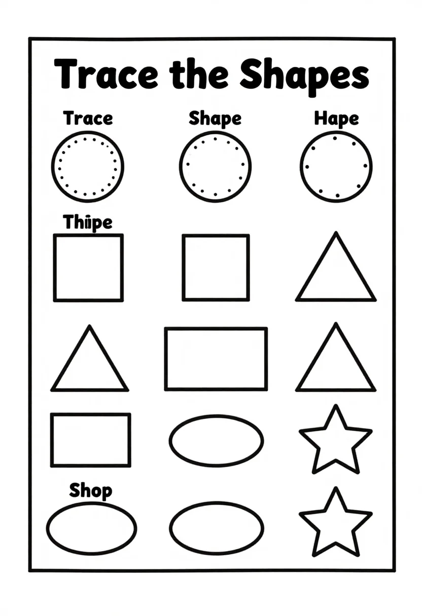 Shape worksheets — a shape worksheet headed "Trace the Shapes" with rows of dotted circles, squares, triangles, rectangles, ovals and stars, the shape's name printed at the start of each row, a plain black line worksheet, thick clean rounded lines and simple outline pictures, nothing decorative