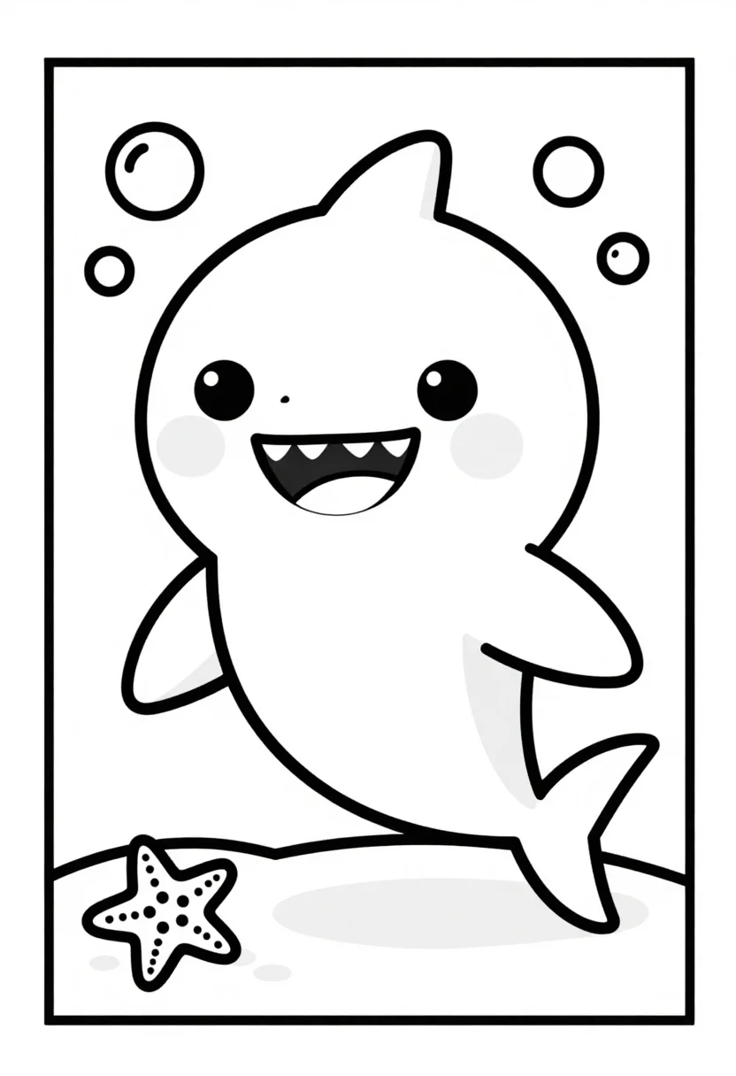 Shark coloring pages — a smiling round baby shark with small fins, bubbles and a starfish on the sand below, bold uniform black outlines, simplified shapes and large open areas a six-year-old can color inside