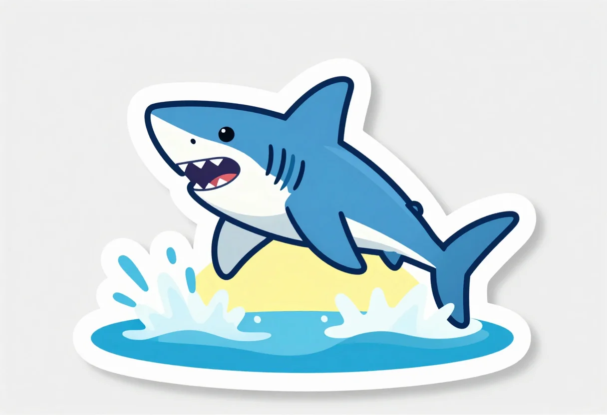 Sharks — a great white shark breaching clear of the water in a full-body leap, jaws open and spray exploding from its flanks, a flat cartoon sticker with a thick even outline, rounded friendly shapes and simple gradient-free fills