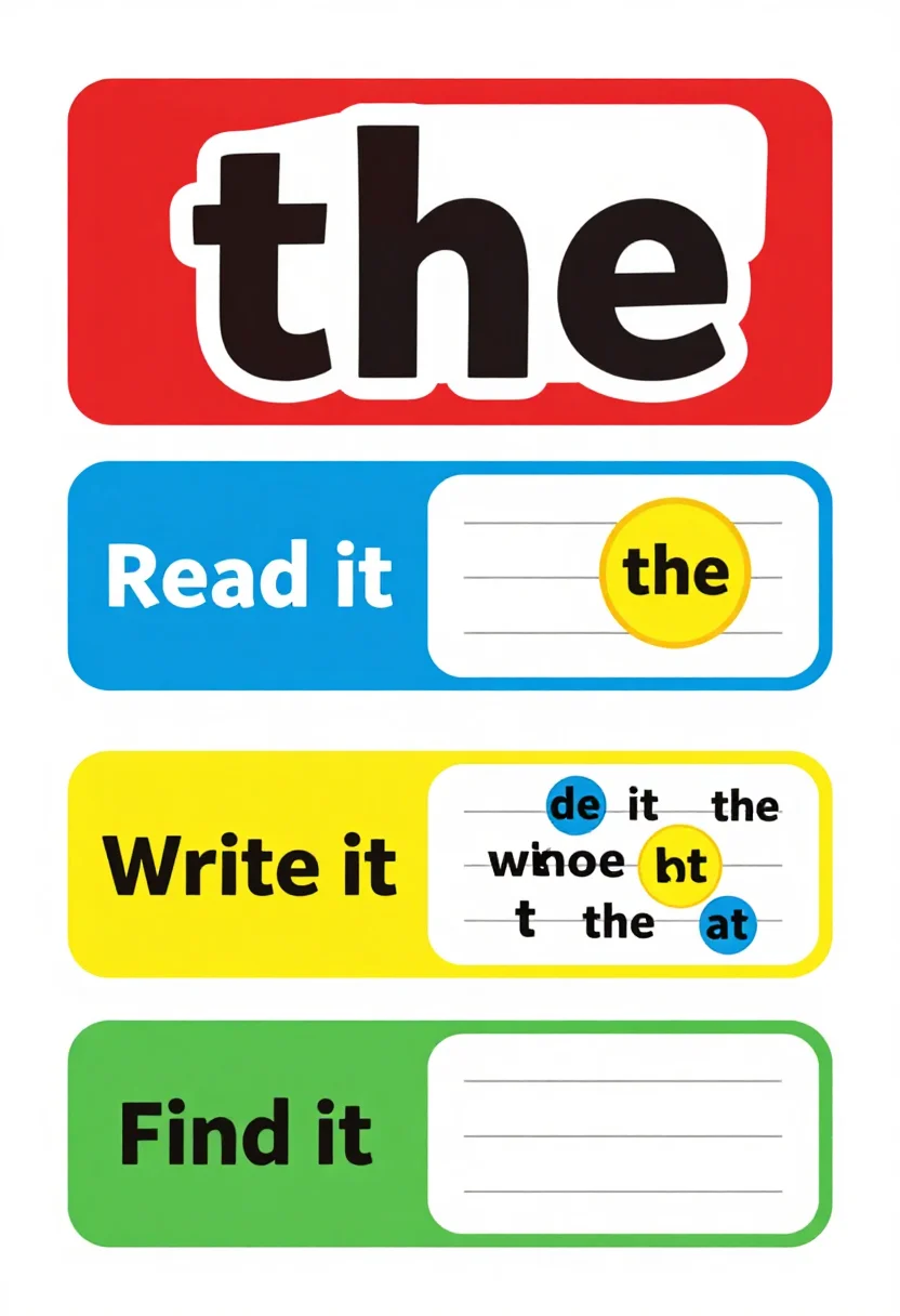Sight word worksheets — a sight word worksheet for the word "the" with four parts, "Read it", "Trace it", "Write it" and "Find it", the last a jumble of small words in which the child circles every "the", bright flat classroom design, bold primary colours, rounded boxes, clean vector illustrations