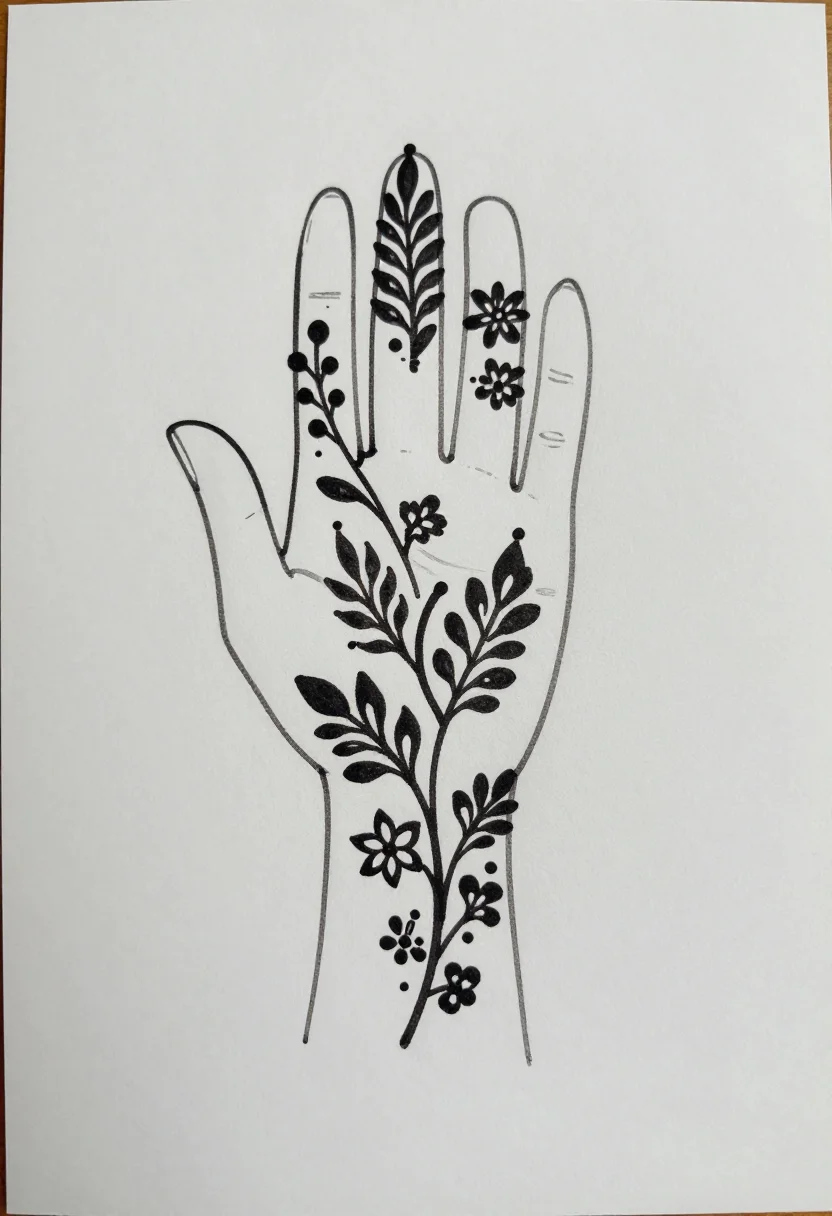 Simple mehndi — a single leafy vine running diagonally from the index finger to the wrist, small flowers at each turn and dots along the stem, bold black outlines of even thickness with large motifs and a few solid-filled shapes