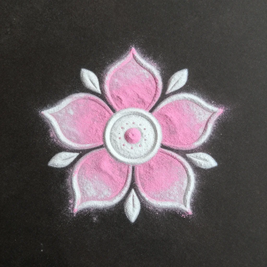 Simple rangoli — a small five-petal flower rangoli with a dotted centre, one ring of leaves and a thin outer circle, laid in coloured powder, a single thin line and a few filled areas, slightly soft grainy edges