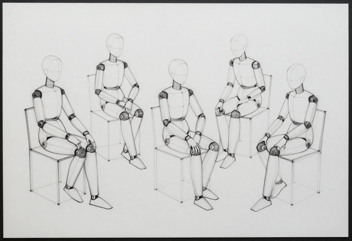 Sitting pose references — a sheet of five figures seated on a simple chair, legs crossed, leaning forward with elbows on knees, slouched back, the chair drawn as a plain box, a construction mannequin drawing, each body built from boxes, cylinders and joint circles, the hips as a box sitting on the seat, thin even lines