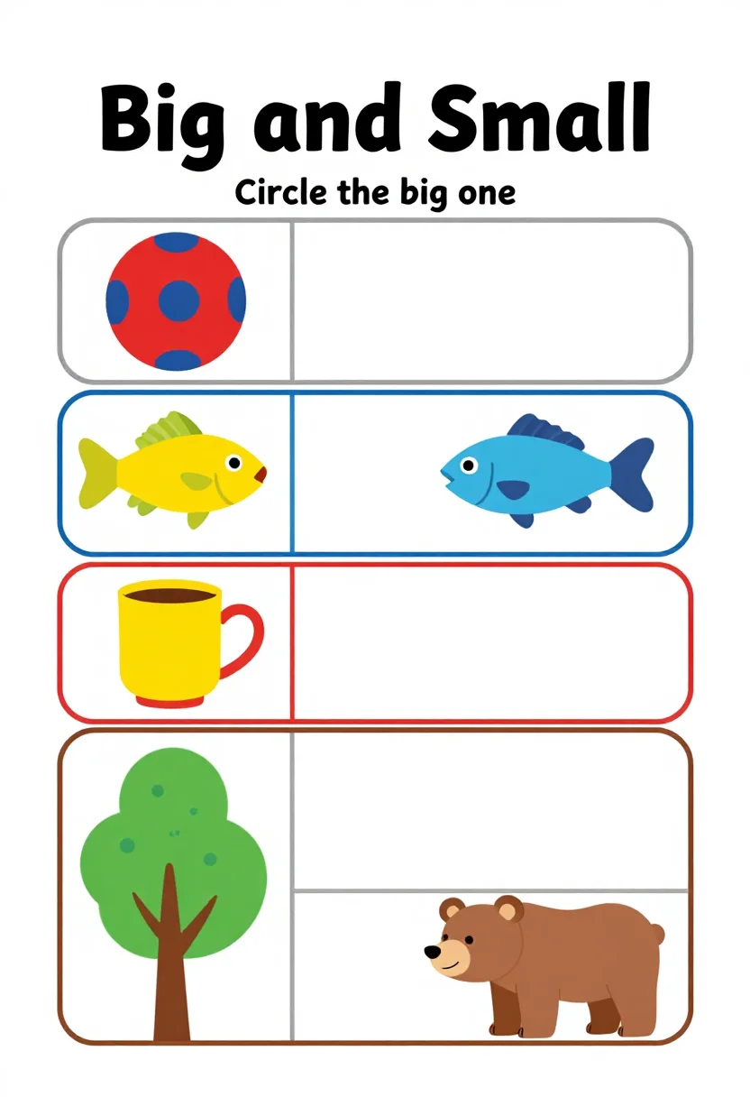 Size comparison worksheets — a worksheet headed "Big and Small" with five rows of two of the same object in two sizes, a ball, a fish, a cup, a tree and a bear, and the instruction "Circle the big one" at the top, bright flat classroom design, bold primary colours, rounded boxes, clean vector illustrations