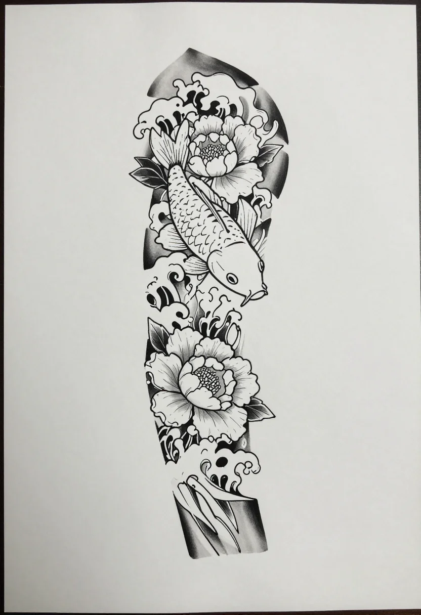 Sleeve designs — a koi swimming up through breaking waves with peonies opening between them, clean closed outline stencil, one uniform black stroke, no shading, no gray tones, no color, no fills