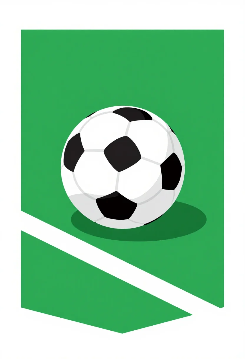 Soccer — A classic black-and-white panelled soccer ball resting on cut green turf beside the painted white line of the pitch, a soft shadow pooled under it and open sky beyond., a flat vector sports emblem, bold simplified shapes with no outlines, hard edges and smooth gradient-free fills arranged as a club badge