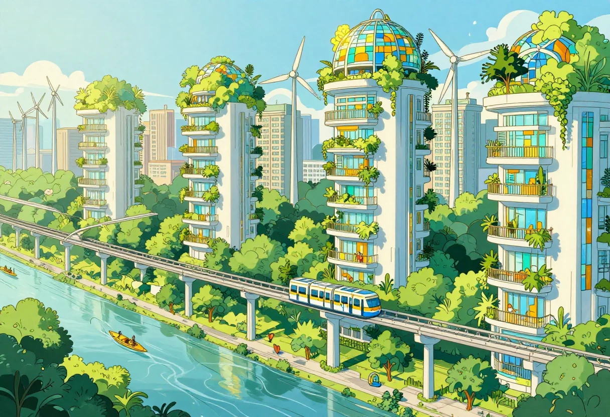 Solarpunk — A city of curving white towers with balconies overflowing with greenery, glass roofs catching sun, elevated tram lines through canopies of trees, wind turbines shaped like petals on the ridgeline, a river with kayaks, bright noon light., solarpunk illustration in art nouveau line, flowing curves, stained-glass colour, bright