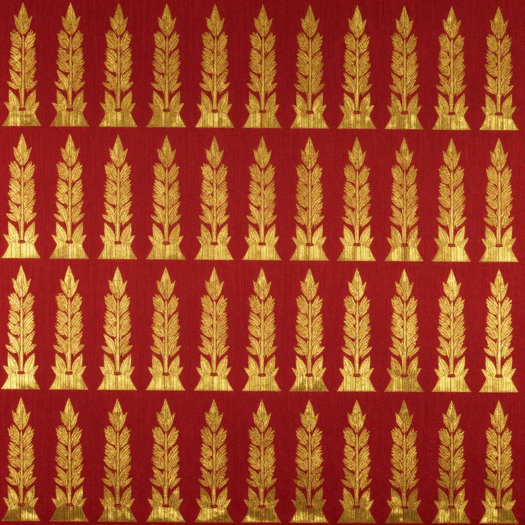 Songket — Rows of tall triangles standing point-up like young bamboo shoots, each filled with a fine curling frond, backed by an inverted row so the triangles interlock, the whole worked in gold float over a deep red silk ground., supplementary metallic weft hooked over a plain-weave silk ground on a frame loom, the float raised above the cloth