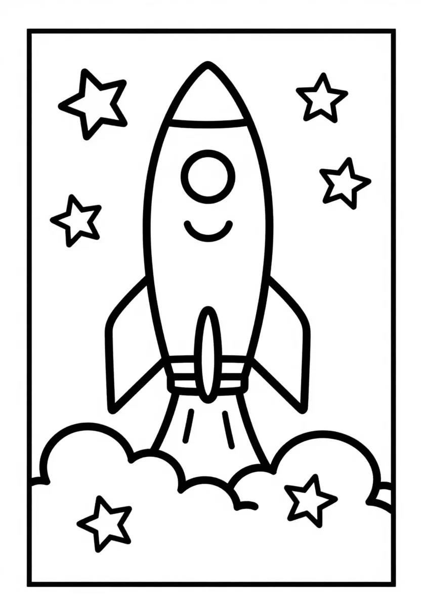 Space coloring pages — a rocket lifting off a launch pad with billowing exhaust clouds, round portholes and stars around it, bold uniform black outlines, simplified shapes and large open areas a six-year-old can color inside