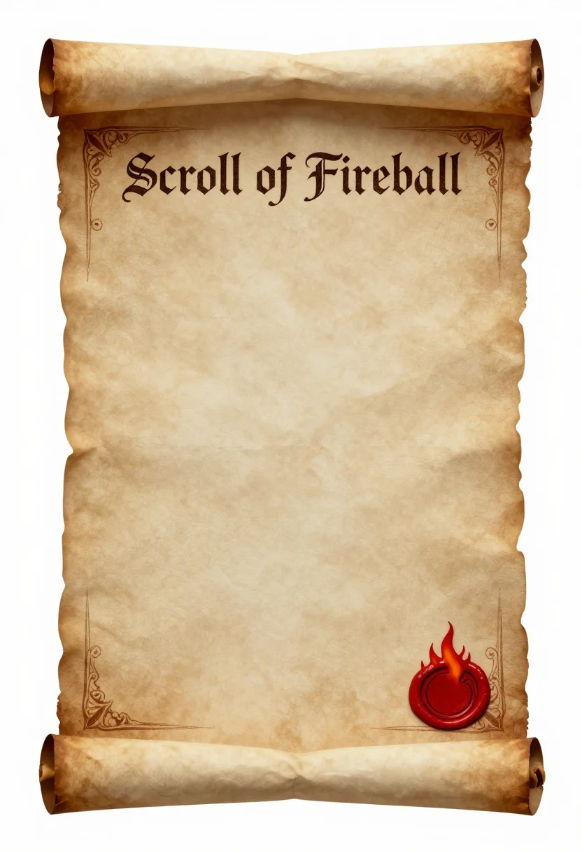 Spell scrolls — an unrolled parchment scroll with curled top and bottom ends, the title "Scroll of Fireball" lettered at the head and a small flame seal in red wax at the foot, aged parchment look, hand-inked brown linework, an ornate corner border, calligraphic headings