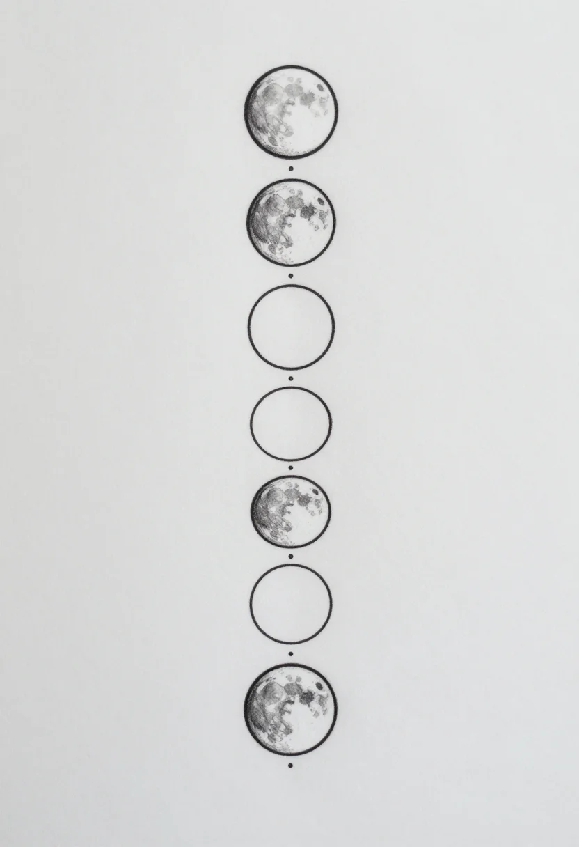 Spine tattoos — the phases of the moon stacked top to bottom, new moon to full moon and back, small dots between each, single-needle fine line work of one even thin weight, the shapes left open and no shading at all