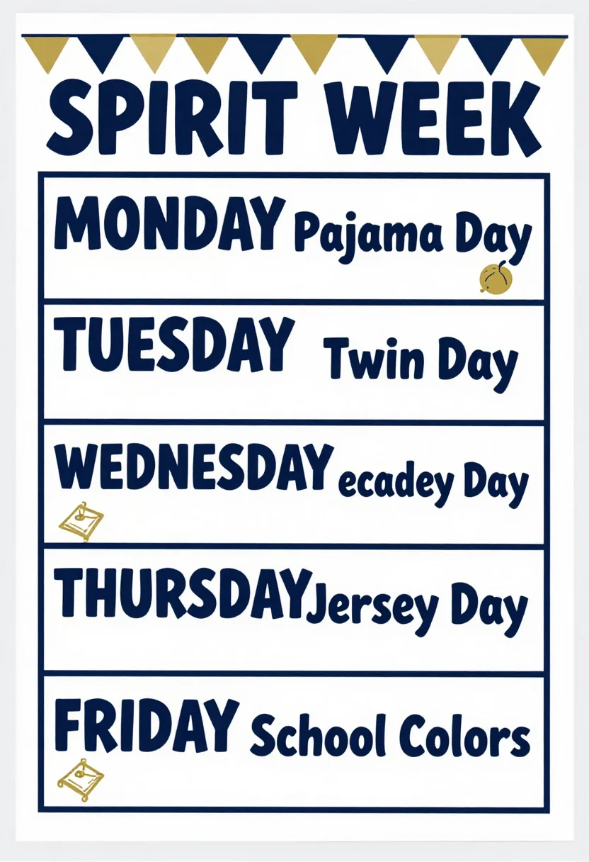 Spirit week posters — a poster headed "SPIRIT WEEK" with five stacked rows, one per weekday, reading "MONDAY Pajama Day", "TUESDAY Twin Day", "WEDNESDAY Decades Day", "THURSDAY Jersey Day" and "FRIDAY School Colors", a small drawn icon beside each day, flat poster with big bold headline lettering, clean ruled rows and boxes, pennant border and small icons