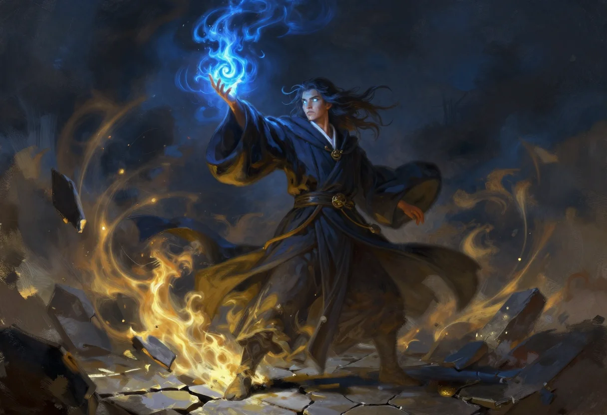 Splash art — a mage in layered robes mid-cast, one hand raised into a spiral of blue fire, hair and cloth thrown back by the force, a shattered stone floor underfoot and a storm sky splitting open behind, painted digitally with visible brush energy, thick impasto highlights and drifting particle effects