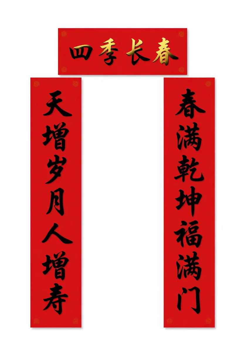 Spring couplets — two tall red strips reading "天增岁月人增寿" and "春满乾坤福满门" in black brush calligraphy, with the horizontal strip "四季长春" above them, gold brush characters on glossy red paper with a thin gold border and small corner motifs