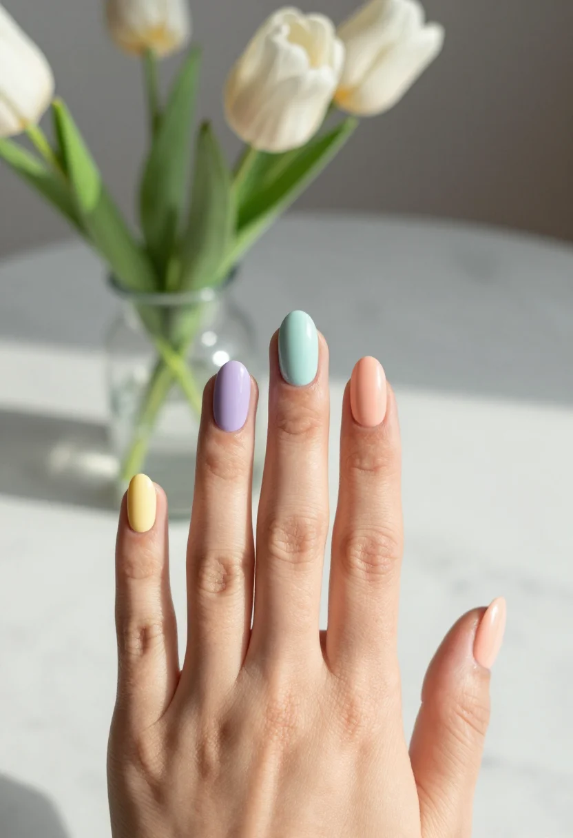 Spring nail designs — short almond nails each in a different pastel, lavender, mint, peach and butter yellow, with a glossy finish, photographed as a salon hand shot, the hand resting flat on a pale marble table beside a small glass vase of tulips, soft spring daylight arriving from camera-left, the tonal balance high and airy with one gentle shadow under the fingers