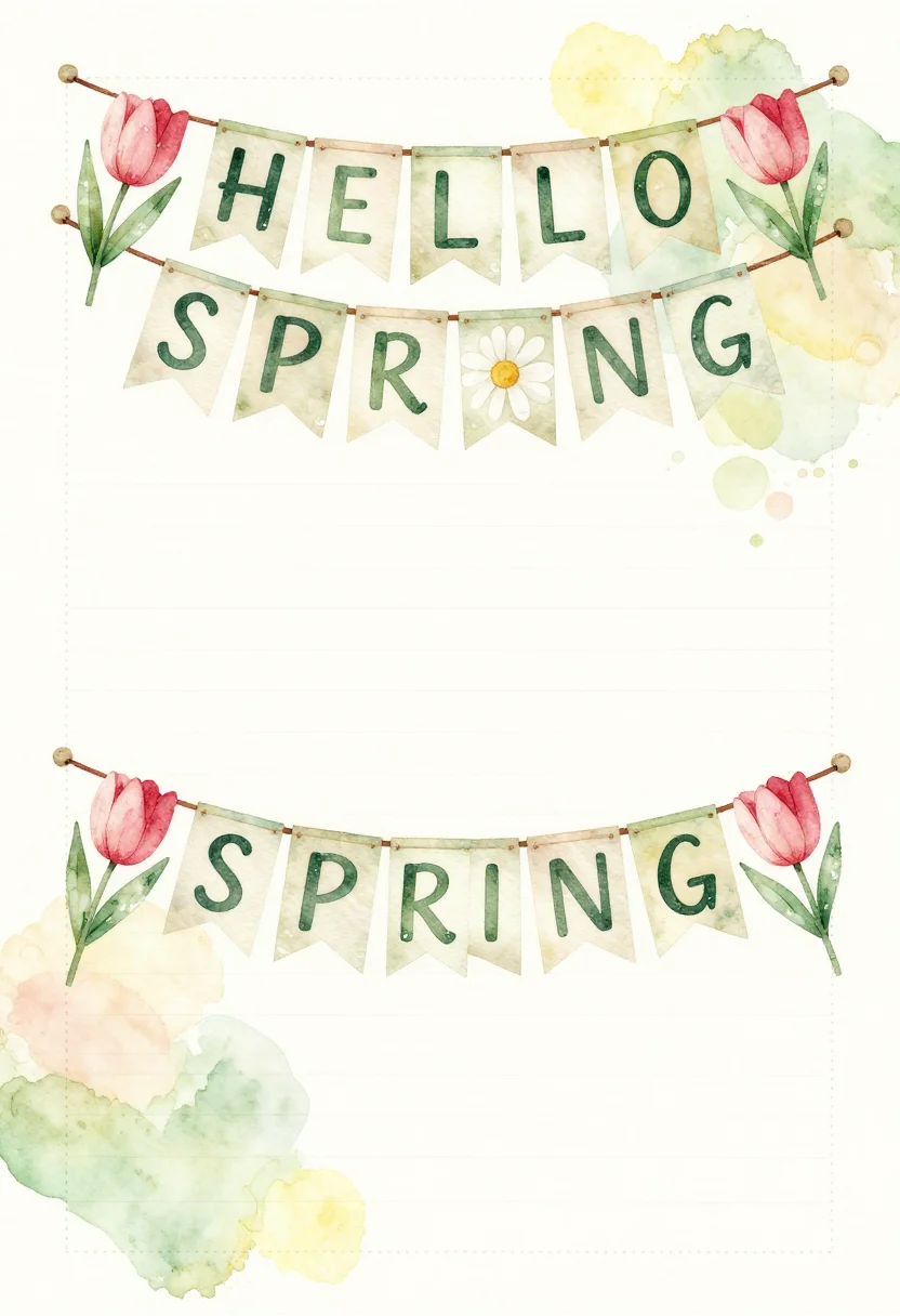 Spring printables — a banner strip of tulip and daisy pennants hung on a string and spelling "HELLO SPRING", one bloom to a flag over two rows, each flag punched for the ribbon and a blank flag left at the centre, soft watercolor illustration with wet blossom edges and visible paper grain, the words in a loose hand-lettered script