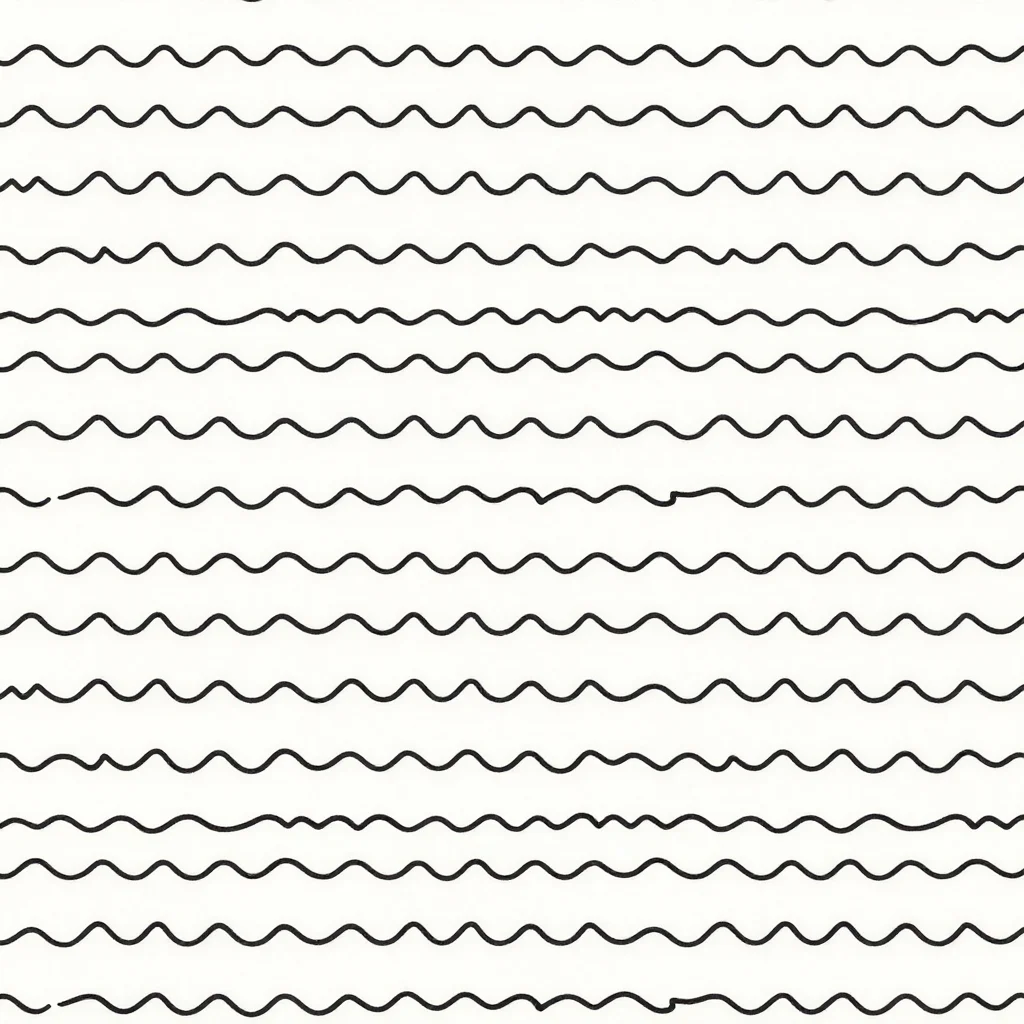Squiggles — Wavy lines a hair wide with a two-millimetre wave, running in even rows a few millimetres apart, the amplitude constant, the whole frame reading as a fine rippled texture with clean ground between rows., squiggle repeat, wavy lines of one even weight with rounded caps, amplitude and period constant on every mark, the ground left open between them, flat vector line, no texture