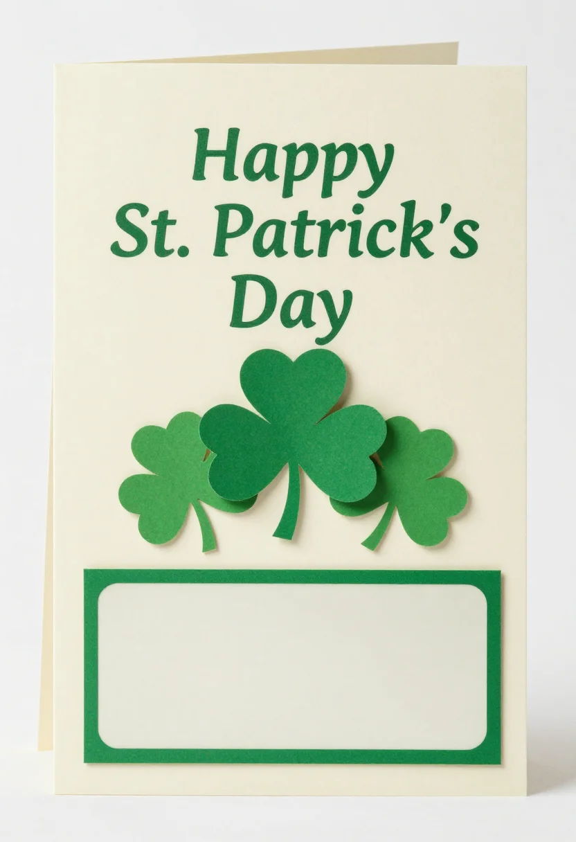 St Patrick's cards — a vertical card lettered "Happy St. Patrick's Day" across the upper third, a cluster of three shamrocks beneath, and a clear empty panel at the foot for a name, layered papercut illustration, clean cut edges, soft shadows between the layers