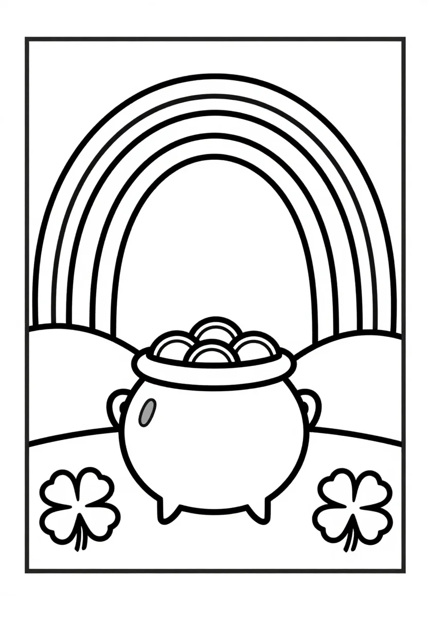 St Patrick's coloring pages — a pot of gold coins at the end of a wide rainbow arching over rolling hills, a few shamrocks in the grass at the front, thick bold uniform outline coloring page for young children, simple large shapes, wide open areas