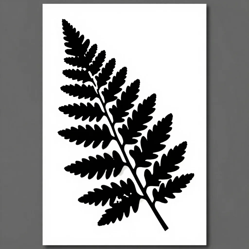 Stencil templates — a single fern frond curving from the lower corner, its paired leaflets tapering toward the tip and each leaflet a separate opening, the classic stencil, the openings filled solid black against white and the bridges left as clean white ribbons between them
