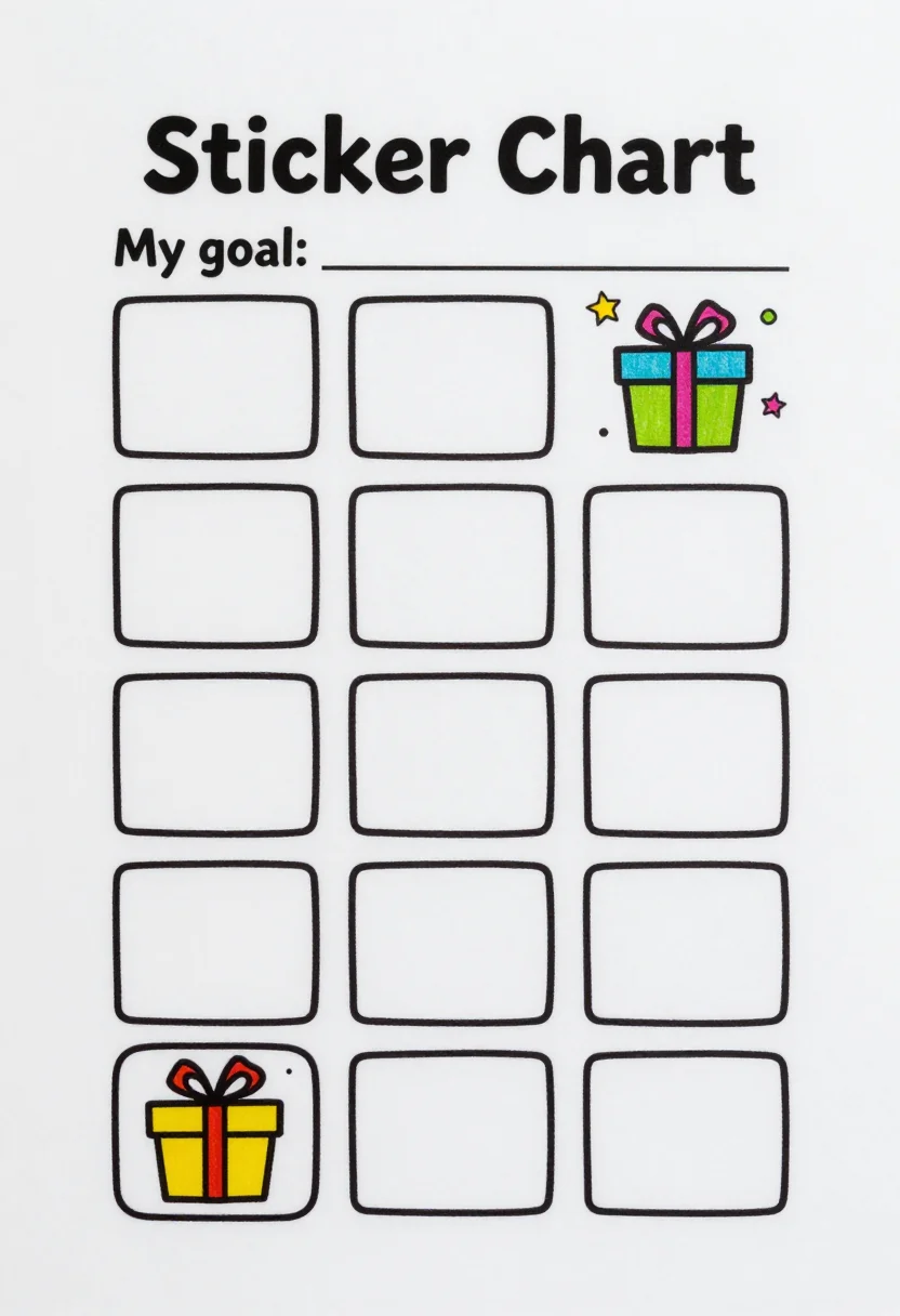 Sticker charts — a grid of thirty empty squares titled "Sticker Chart" with a blank line "My goal:" at the top and a small gift box drawn in the last square, cheerful hand-drawn children's illustration with chunky crayon outlines, rounded shapes and friendly stars and gift boxes