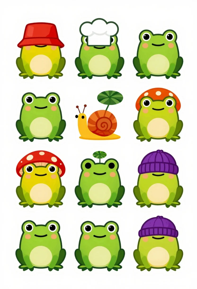 Sticker sheets — ten little frogs in hats — a red bucket hat, a chef's toque, a mushroom cap, a knitted beanie — with a lily pad and a snail between them, flat vivid sticker art, bold black outlines of one even weight, solid gradient-free fills and chunky friendly shapes