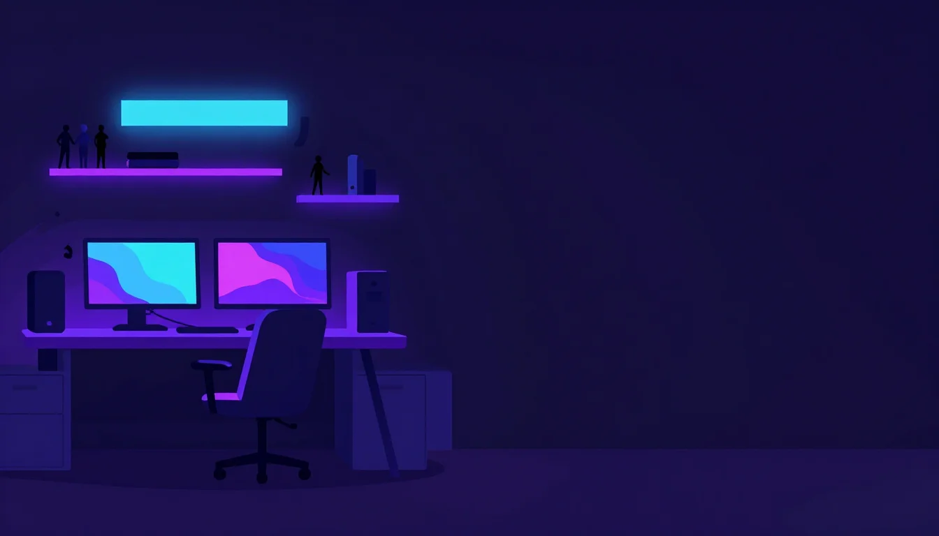 Stream backgrounds — a dark gamer room lit by strips of purple and blue neon along the desk and shelves, two monitors glowing with abstract colour, a shelf of small figures and a glowing wall sign carrying no letters, the right third of the frame left plain, drawn as flat vector illustration in bold clean shapes with no outlines and smooth gradient-free fills