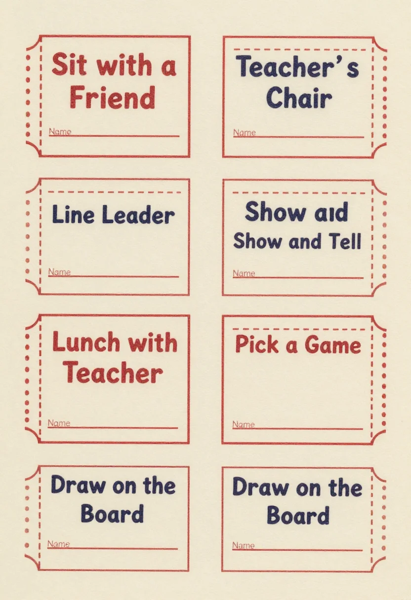 Student coupons — a 2 by 4 grid of ticket-shaped coupons with dashed cut lines, lettered "Sit with a Friend", "Teacher's Chair", "Line Leader", "Show and Tell", "Lunch with Teacher", "Shoes Off", "Pick a Game" and "Draw on the Board", each with a blank "Name" line, drawn as vintage ticket coupons with notched corners, a perforated stub edge and a stamped serif headline