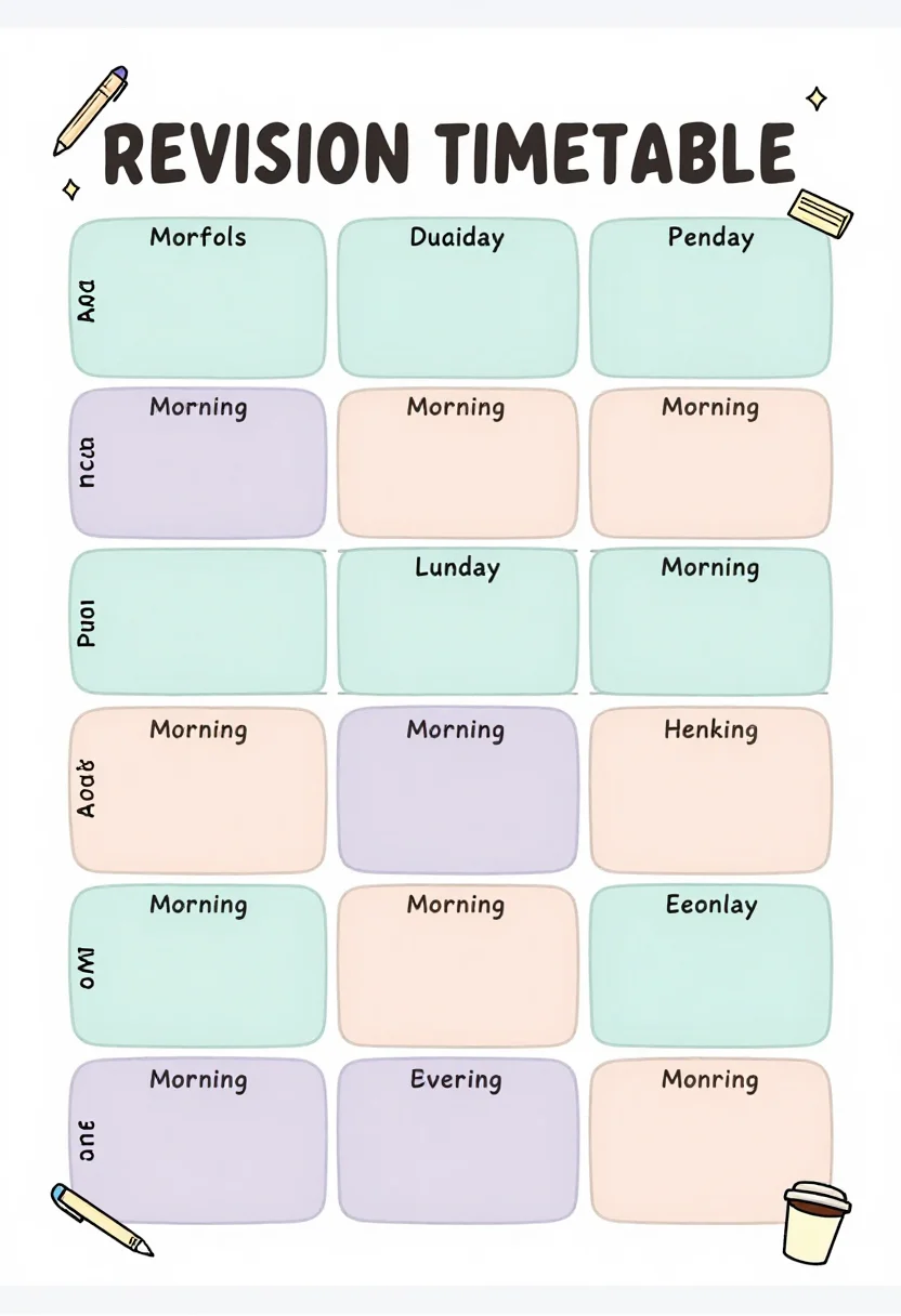 Study planners — a weekly revision timetable, the header lettered "REVISION TIMETABLE" across the top, subjects listed down the left edge and the seven days ruled across, each cell split into a morning and an evening block, drawn as a pastel student planner, rounded soft-edged boxes, hand-drawn stationery doodles of pens, sticky notes and a coffee cup tucked into the corners