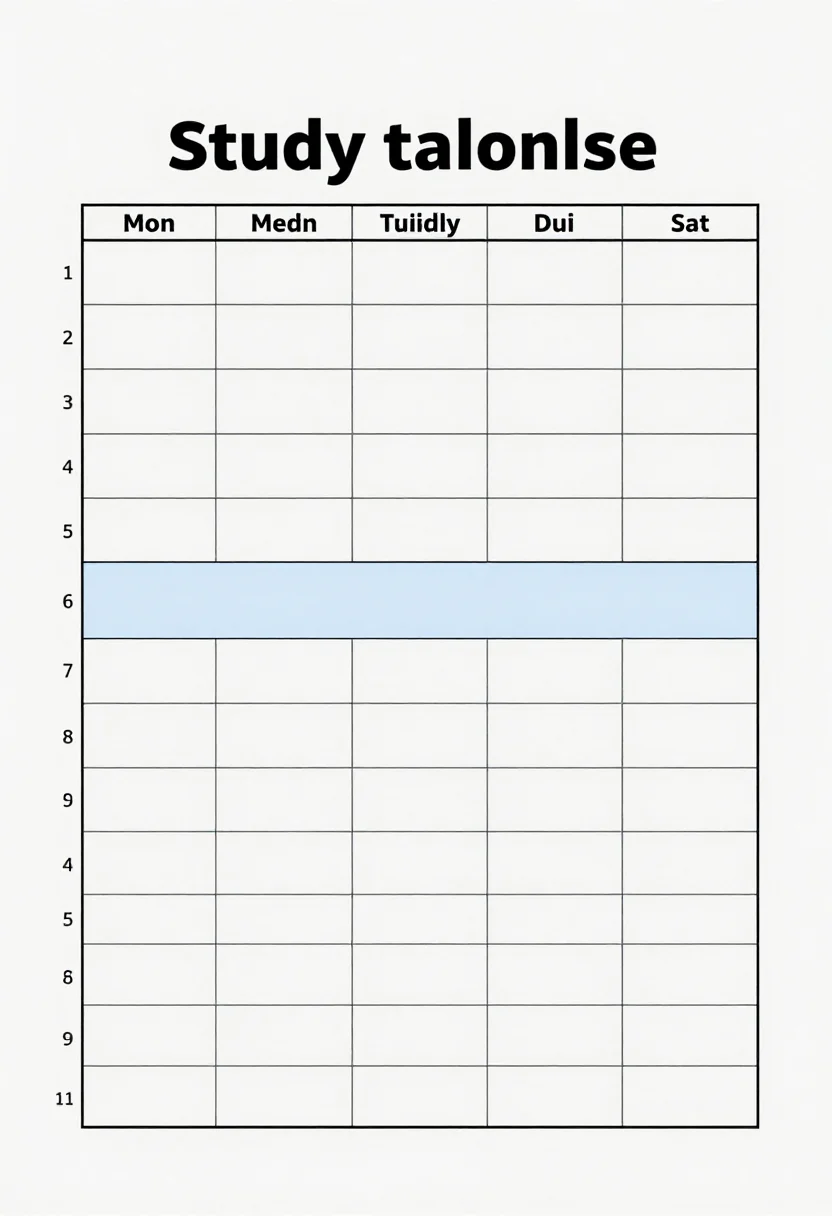 Study timetables — a weekly school timetable, six day columns "Mon" to "Sat" by eight numbered period rows of empty cells, a lunch break row across the middle, a clean minimalist printable planner page, thin even black lines, a crisp sans-serif title and a spacious tidy layout