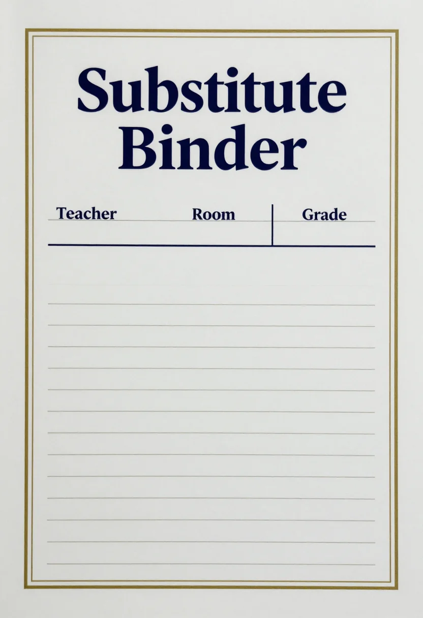 Substitute binder pages — a binder cover page lettered "Substitute Binder" in large type with an empty panel below labelled "Teacher", "Room" and "Grade" on blank lines, a thin decorative border around the page, drawn as a tidy school form with a double rule border, serif headings and ruled boxes
