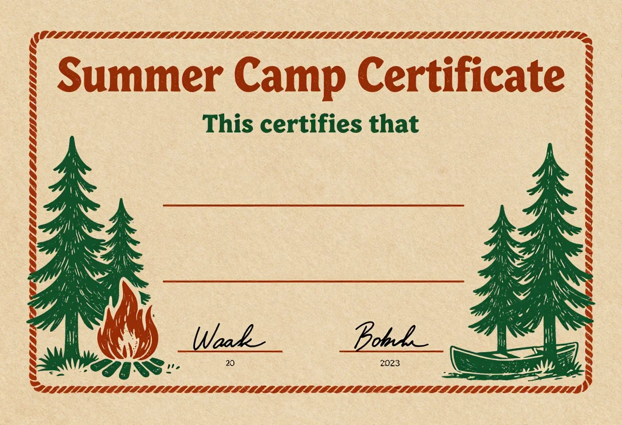 Summer camp certificates — a landscape certificate titled "Summer Camp Certificate" with "This certifies that" above a blank name line, a campfire and pine trees in the corners, and two signature lines at the foot, rustic woodcut camp illustration, pine trees and a canoe in bold carved lines, stencil capitals
