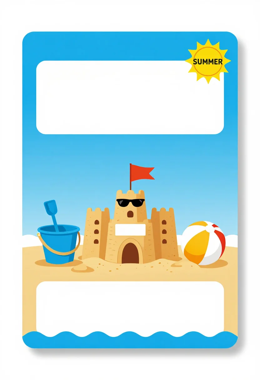 Summer packets — A portrait cover with a drawn beach scene — a sandcastle, a bucket and spade, a beach ball, a sun with sunglasses — a large blank title band across the sky and a blank name band on a flag on the sandcastle, a wave border along the bottom., bright flat classroom design, bold primary colours, rounded corners, clean vector