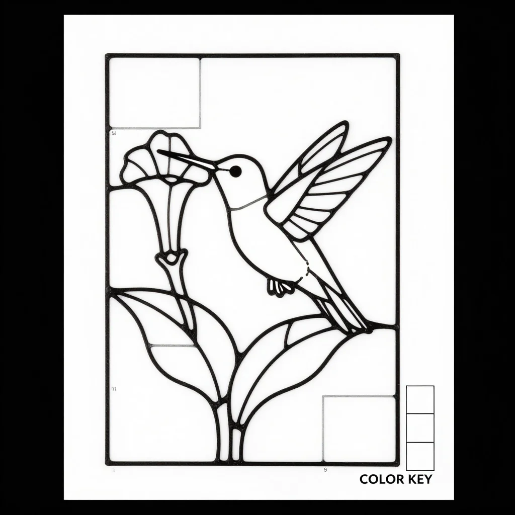 Suncatcher patterns — a hummingbird hovering at a trumpet flower, its long bill in the throat of the bloom, two broad leaves below, a classic leaded cartoon, every piece bounded by a lead line of uniform bold weight, twenty or so large pieces a beginner can cut