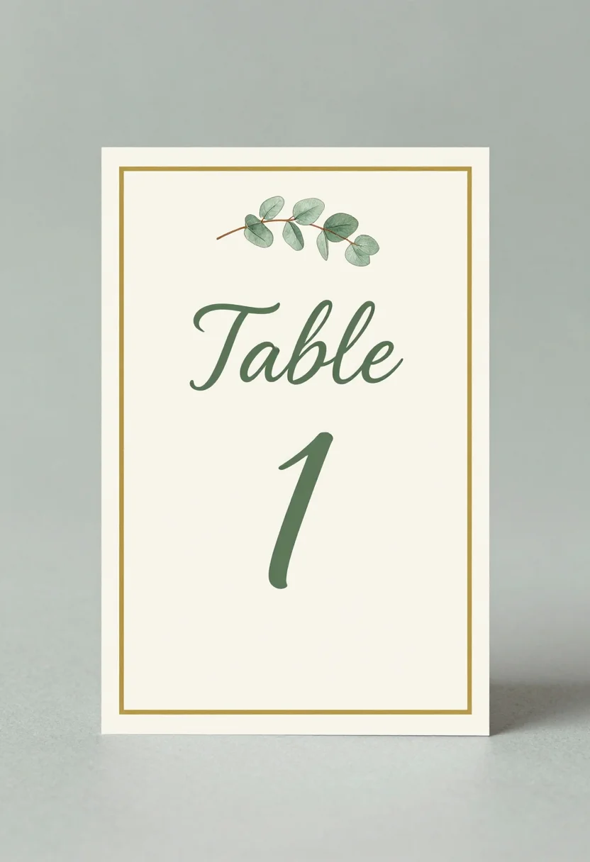 Table numbers — a vertical table card reading "Table 1" in elegant script lettering with a sprig of eucalyptus and a thin gold border, a delicate treatment with fine eucalyptus line drawing and a thin gold rule