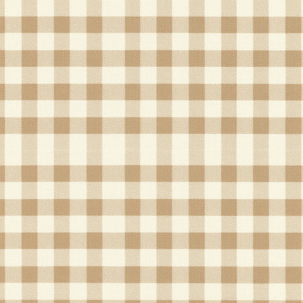 Tablecloth patterns — A gingham check of even squares in three tones — plain ground, half-shade where one band crosses, full colour where both do — the weave visible in each band, the scale set so a place setting sits over four or five squares, yarn-dyed woven check, the pattern formed in the cloth itself, thread crossings visible at every intersection