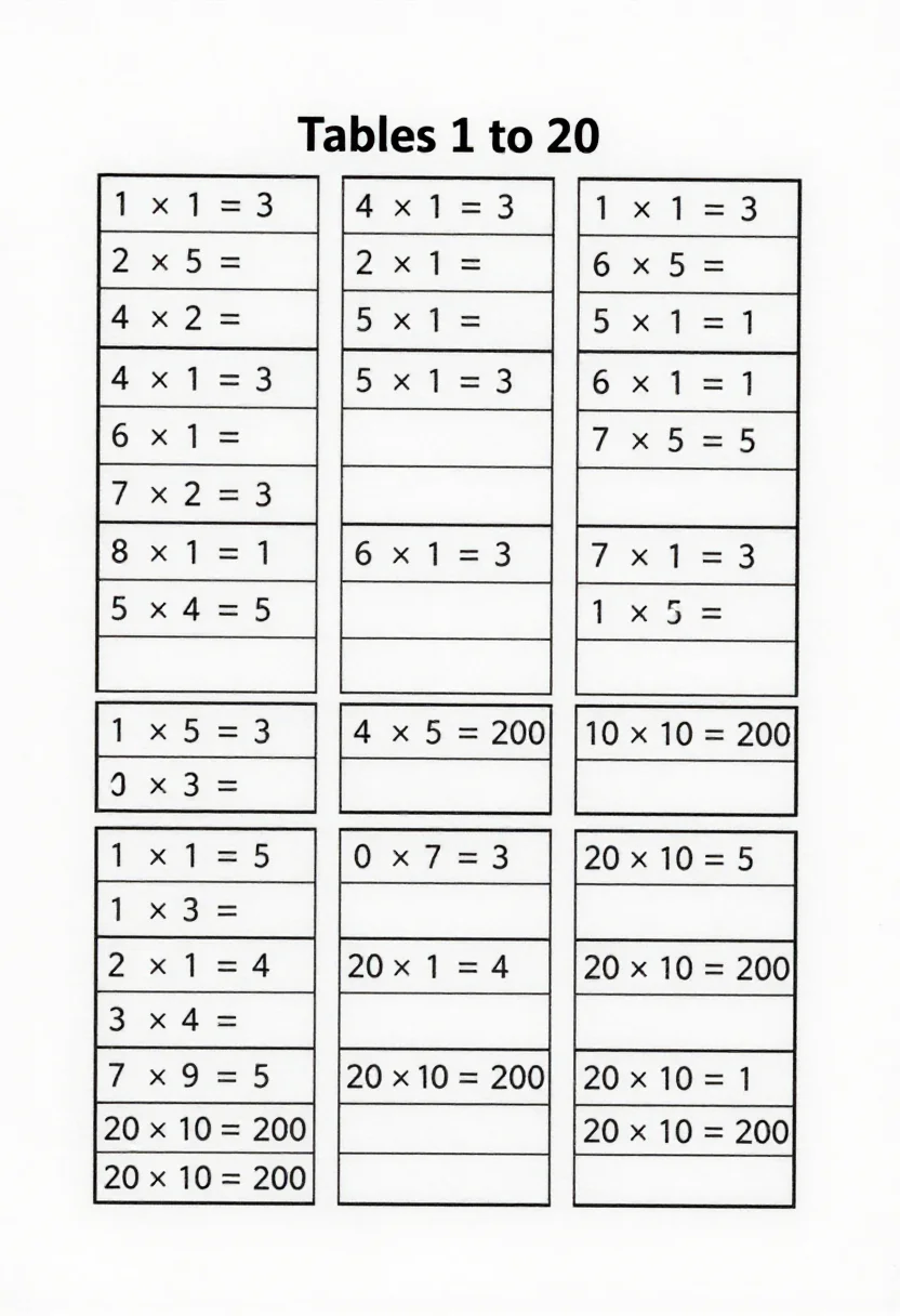Tables 1 to 20 — a chart headed "Tables 1 to 20" with twenty boxes, each listing one table in ten lines from "1 × 1 = 1" to "20 × 10 = 200", a crisp black-and-white school worksheet, clean uniform black lines, tidy sans-serif lettering, ruled boxes and any pictures as simple line drawings